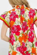 Umgee floral print blouse with contrast trim features vibrant tea berry mix floral print short-sleeved top
