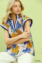 Umgee floral print blouse in vibrant blue and orange with navy contrast trim on collar and sleeves