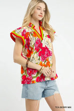 Umgee floral print blouse in tea berry mix with vibrant pink and orange flowers and red contrast trim on cream background