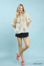 Beige umgee floral print blouse with black floral embroidery and short flutter sleeves for casual wear