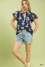 Navy blue umgee floral ruffle sleeve split neck blouse with button-down front and short ruffled sleeves