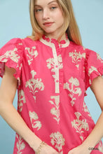 Umgee coral split neck blouse with delicate beige floral ruffle sleeves and intricate embroidery for stylish wear
