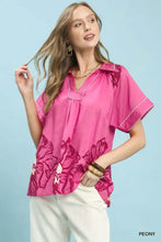 Bright pink umgee floral short sleeve blouse with peony print flutter sleeves and gathered floral split-neck short design