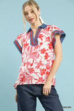 Umgee floral split neck top women’s white short-sleeved blouse with red floral pattern and navy collar and cuffs