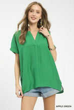 Apple green Umgee flowy v-neck short sleeve blouse with relaxed silhouette perfect for casual wear short sleeve blouse