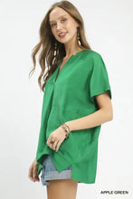 Apple green umgee flowy v-neck short sleeve blouse with relaxed silhouette perfect for casual wear