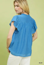 Blue umgee flutter sleeve relaxed blouse with ruffled short sleeves and scalloped hem trim detail