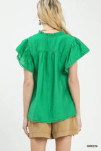 Umgee flutter sleeve relaxed green blouse with ruffled sleeves and hem and gathered back neckline detail