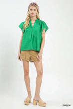 Vibrant green flutter sleeve relaxed blouse with ruffled sleeves and gathered neckline by umgee