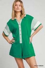 Umgee french terry collared colorblock romper in kelly green with white stripes