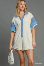 Umgee french terry collared colorblock romper off-white with blue stripes