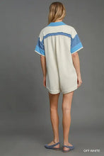 Back view of Umgee french terry collared colorblock romper with blue stripes