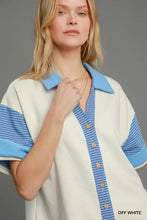 French terry collared colorblock romper with off-white top and blue stripes