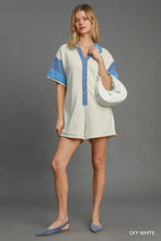 Umgee french terry collared colorblock romper in off-white with blue stripes