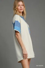 French terry collared colorblock romper with off-white oversized t-shirt dress and blue striped accents