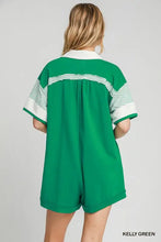 Umgee french terry collared romper in kelly green with white collar