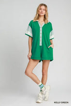 Umgee french terry collared colorblock romper in kelly green relaxed fit