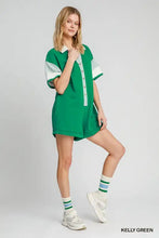 Umgee french terry collared colorblock romper in kelly green with stripes