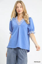 Peri blue umgee french terry ruffle trim puff sleeve top with puff sleeves and ruffled cuffs and striped neckline trim