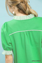 Apple green umgee french terry ruffle trim puff sleeve top with striped ruffled collar and cuffs