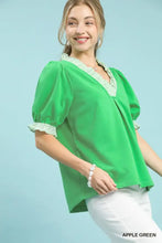 Umgee apple green french terry ruffle trim puff sleeve top with delicate white lace at neckline and cuffs