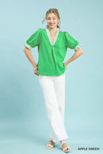 Apple green umgee french terry ruffle trim puff sleeve top with delicate white lace at neckline and cuffs