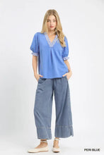 Umgee peri blue french terry ruffle trim puff sleeve top with v-neckline and white lace detail