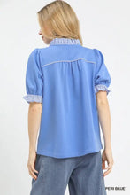 Umgee peri blue french terry ruffle trim top with puffed sleeves and striped collar in french terry fabric