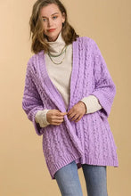 Umgee Full Size Cable Knit Open Front Long Sleeve Cardigan Lilac Woman Outerwear