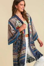 Umgee Full Size Fringe Hem Open Front Printed Kimono Sleeve Cover-Up Plus Size Woman Outerwear