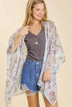 Umgee Full Size Sheer Mixed Print Kimono with Side Slit Plus Size Light Blue Woman Outerwear