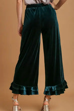 Umgee Full Size Wide Fit Ruffle Velvet Pants with Embroidered Pockets Plus Size Woman Pants