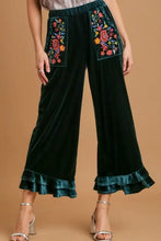 Umgee Full Size Wide Fit Ruffle Velvet Pants with Embroidered Pockets Plus Size Black Forest Woman Pants