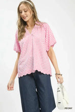 Umgee gingham bubble sleeve blouse in pink and white with scallop hem and short sleeves in lightweight fabric