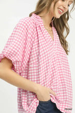 Umgee gingham bubble sleeve blouse in pink and white gingham check with ruffled short sleeves and scallop hem