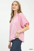 Umgee pink gingham bubble sleeve blouse with ruffled sleeves and scalloped hem for stylish casual wear
