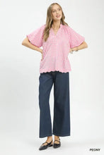 Umgee gingham bubble sleeve blouse in pink and white with ruffled collar and scalloped hem for a feminine look