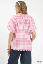 Umgee gingham bubble sleeve blouse in pink and white with smocked high neckline and scalloped hem
