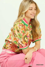 Umgee jacquard abstract short-sleeved blouse with colorful paisley print and contrasting green and red trim