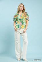 Green floral print short-sleeved blouse with puffed sleeves and collar in umgee jacquard bloomscape fabric