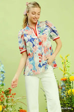 Umgee jacquard bloomscape floral print blouse with puffed sleeves red-trimmed collar in pastel blue pink and white