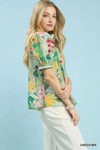 Umgee jacquard bloomscape vibrant green mixed floral print blouse with puffed sleeves and ruffled hem