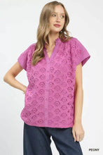 Umgee lace button-front top featuring vibrant pink peony-patterned lace with short sleeves
