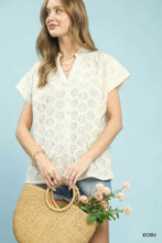 A cream-colored Umgee lace button-front blouse with short sleeves and a delicate lace pattern