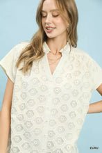 Cream-colored Umgee lace button-front blouse with short sleeves and intricate floral lace detailing