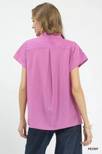 Umgee lace button-front top in soft pink showing back side with collar and subtle pleats on short-sleeved blouse
