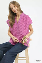 Umgee lace button-front top vibrant fuchsia short-sleeved blouse with delicate lace pattern and ruffled collar