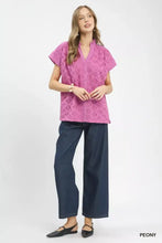 Umgee lace button-front top with vibrant pink peony-patterned lace short sleeves and v-neckline