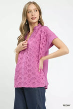 Umgee lace button-front top is a vibrant pink short-sleeved blouse with a delicate lace pattern and scalloped edges