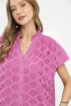 Umgee lace button-front top in vibrant pink with short sleeves, floral lace pattern, and ruffled collar